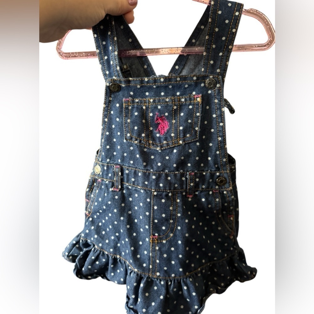 U.S. Polo Girls 12 months Polka Dot Bib Overall Dress Ruffle Hem Dark Wash Denim